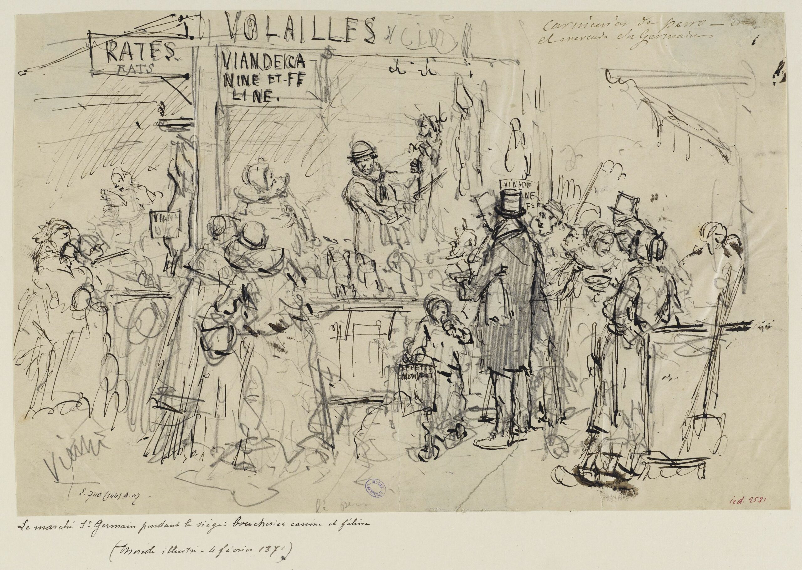 Vierge (Daniel Urrabieta Ortiz y Vierge, dit, 1851-1904). "Le marché Saint-Germain pendant le siège : boucheries canines et félines". Plume, mine de plomb. Paris, musée Carnavalet.