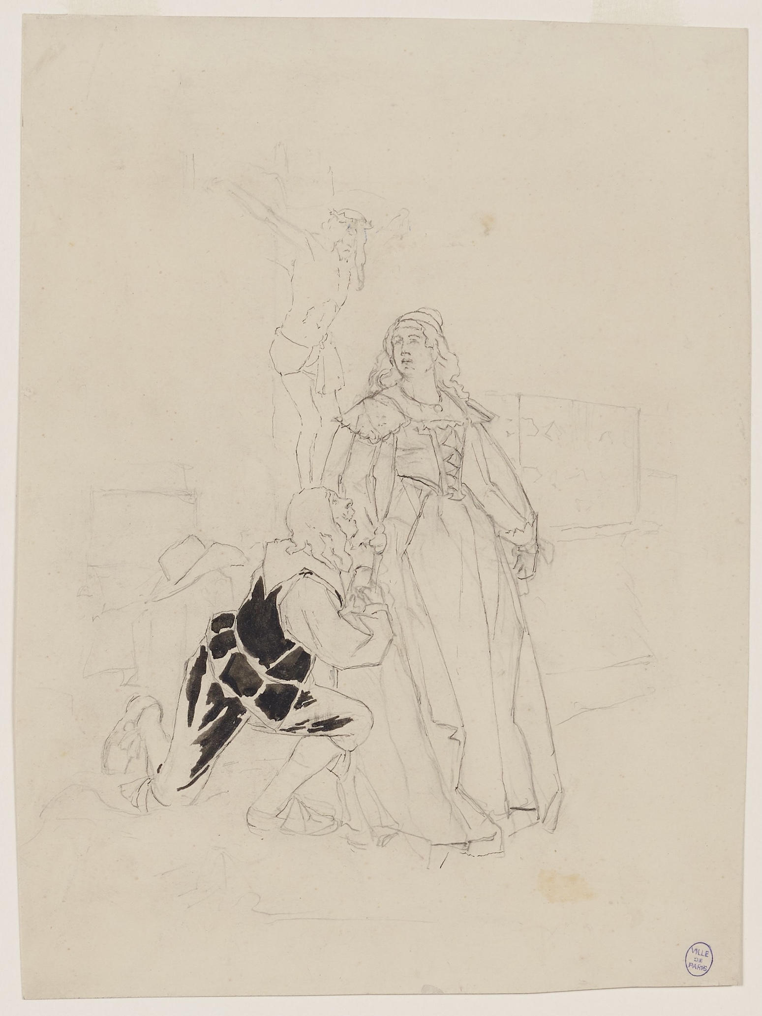 Daniel Vierge: Le cabaret des Trois Vertus : Il se jeta à ses genoux et pleura comme un enfant (recto) / Etude (verso