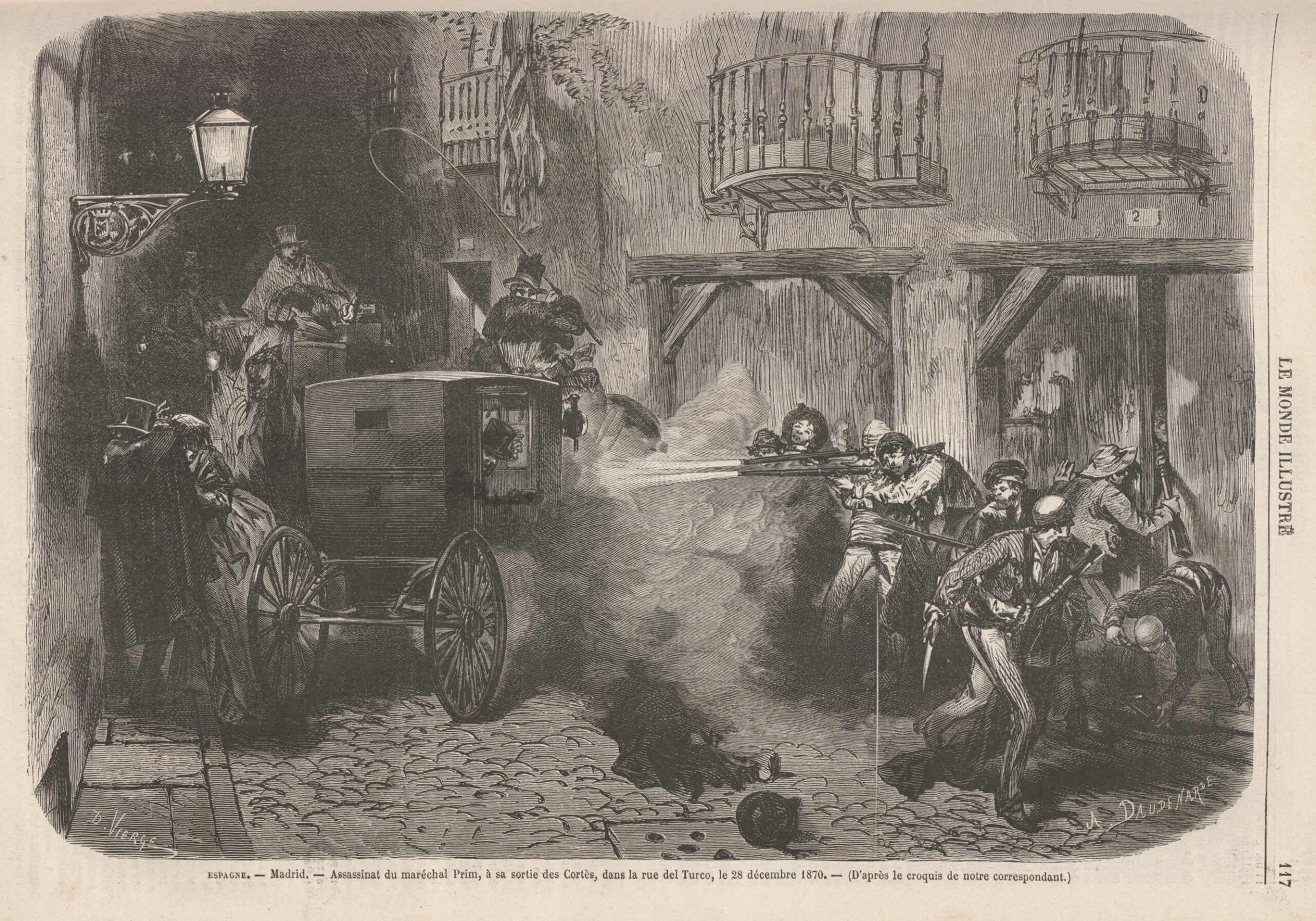 Daniel Vierge. Assassinat du maréchal Prim. Madrid 28 décembre 1870. Le Monde illustré. 25 février 1871