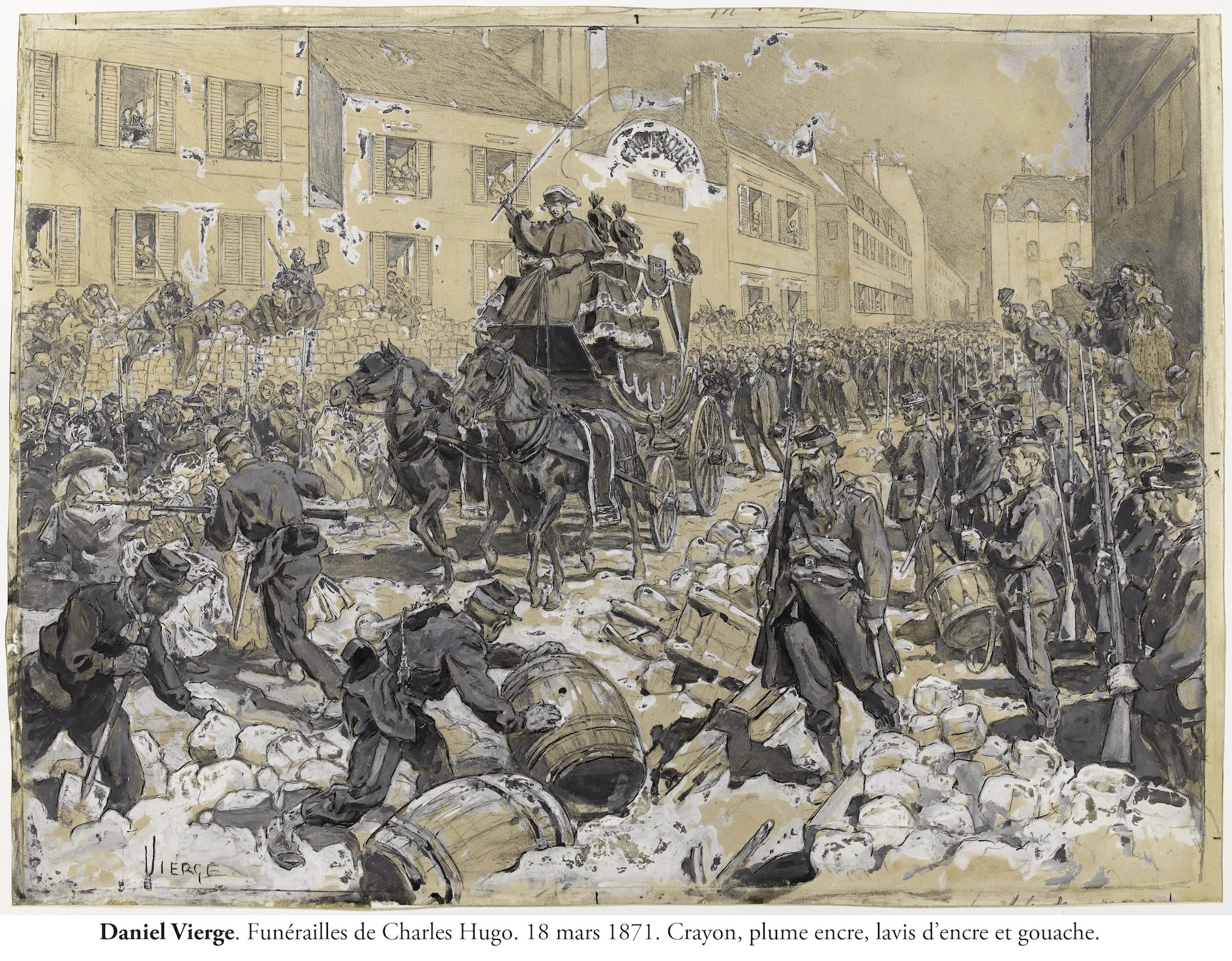 Daniel Vierge (1851-1904). "L'enterrement de Charles Hugo". Encre, gouache, rehauts de blanc de plomb, crayon graphite, sur papier. 1901-1902 d'après un croquis pris en 1871. Paris, Maison de Victor Hugo.