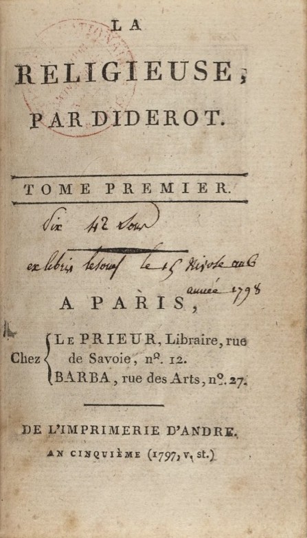 Diderot: La Religieuse, Imprimerie d'André, Paris, 1797