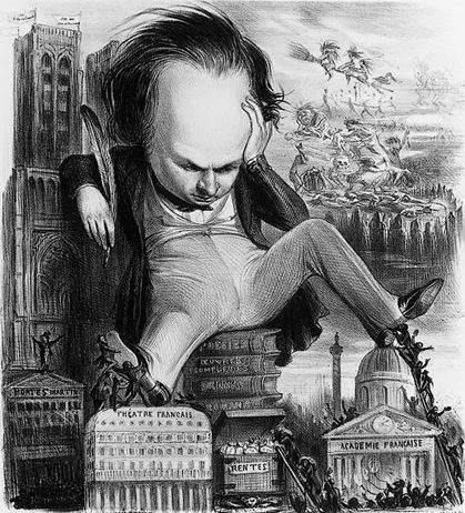 Caricature de Victor Hugo, représenté assis sur le Théâtre français et l'Académie française. Dessin de Benjamin paru dans le Panthéon charivarique en 1841.