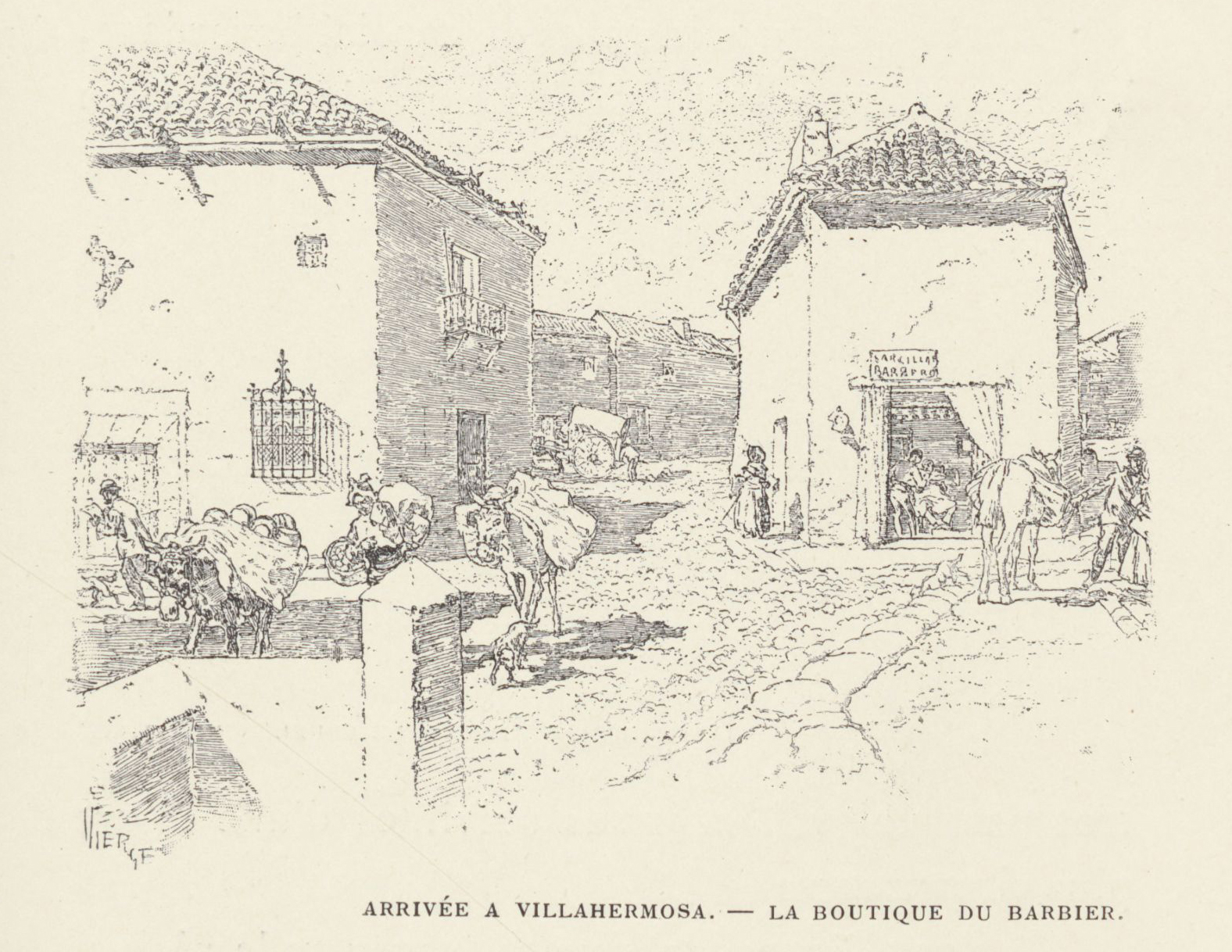 Daniel Vierge: Au pays de don Quichotte (1901): Arrivée à Villahermosa. La boutique du barbier