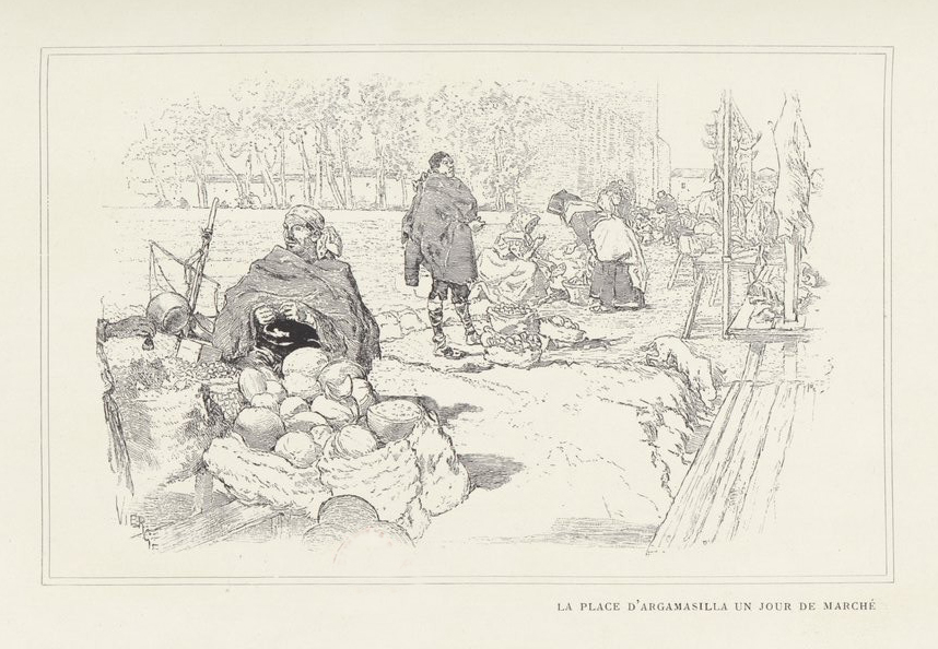Daniel Vierge: Au pays de don Quichotte (1901): La place d'Argamasilla un jour de marché