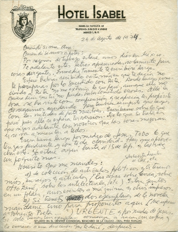 Roque Dalton, correspondance clandestine La première lettre depuis Mexico, juste après l’arrivée du Salvador © Archives de la famille Dalton