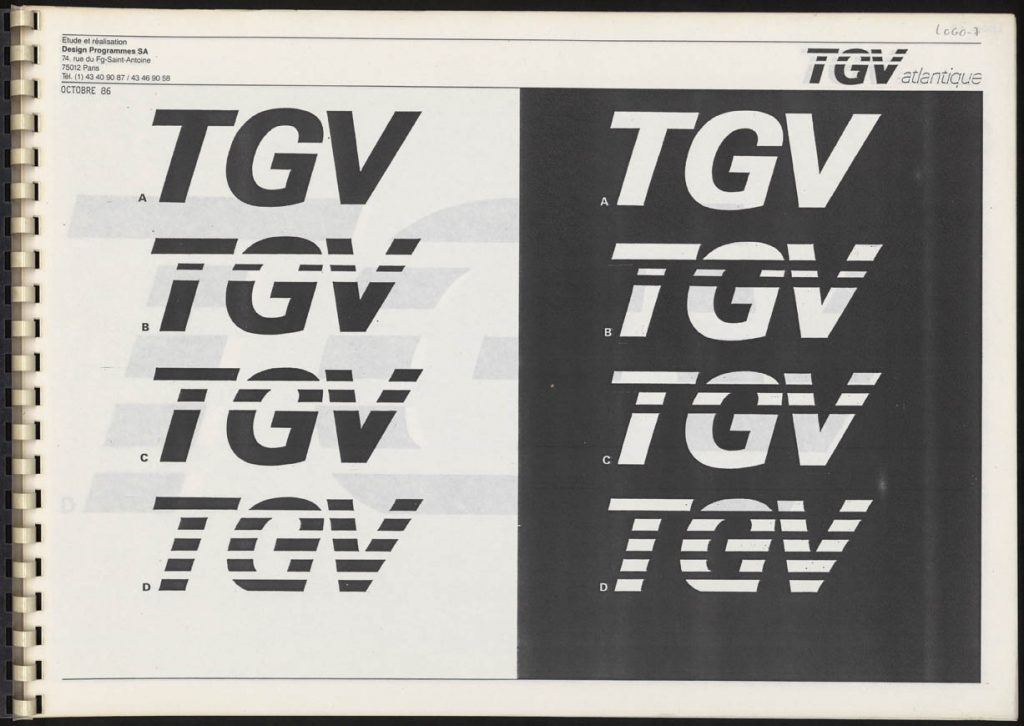 Roger Tallon, Logos positif et négatif du TGV Atlantique (projet non retenu) Design Programmes Sa, 1986 © Les arts Décoratifs, Paris / A.D.A.G.P. 2016