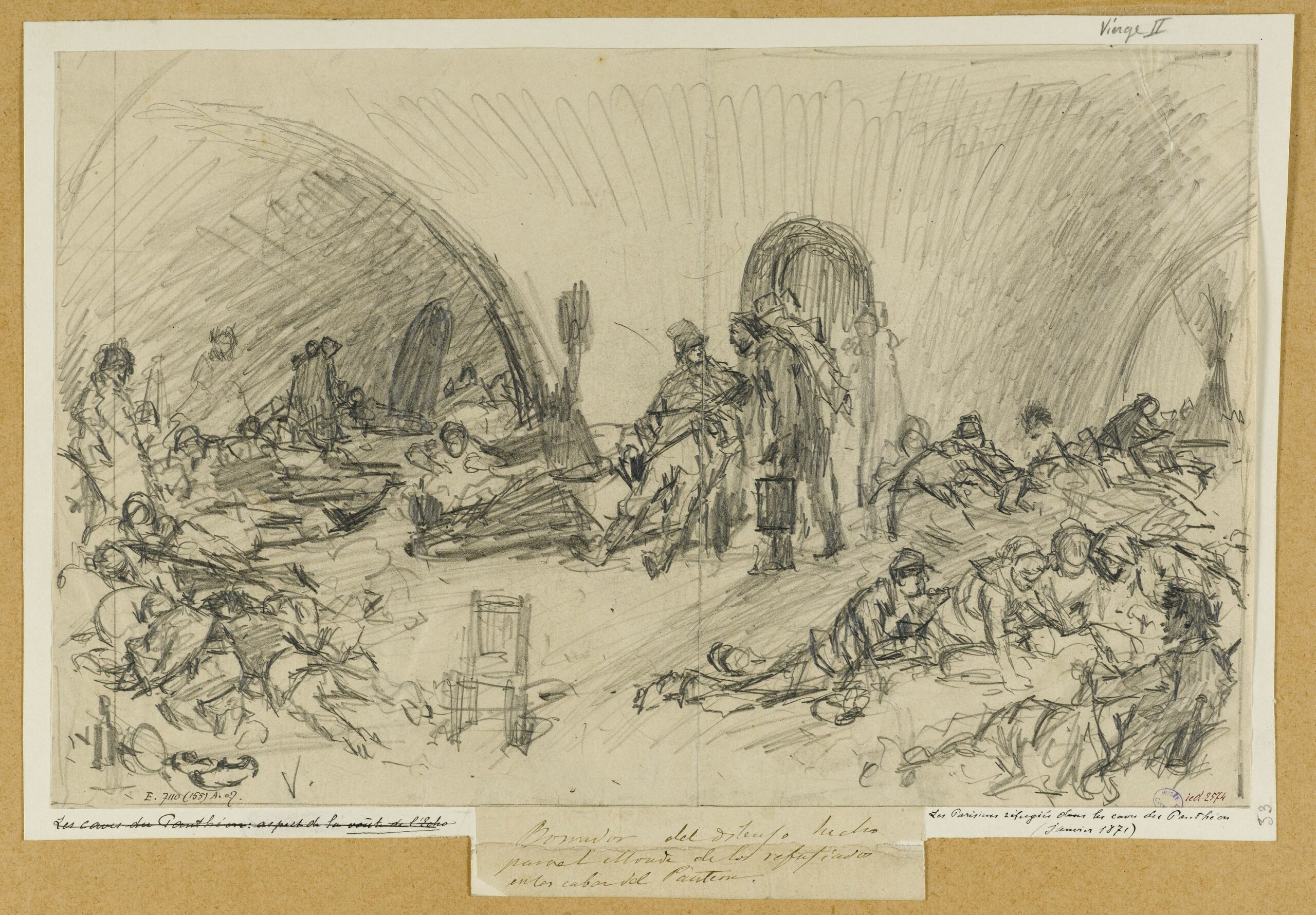 Vierge (Daniel Urrabieta Ortiz y Vierge, dit, 1851-1904). "Les Parisiens réfugiés dans les caves du Panthéon (janvier 1871)". Mine de plomb. Paris, musée Carnavalet.