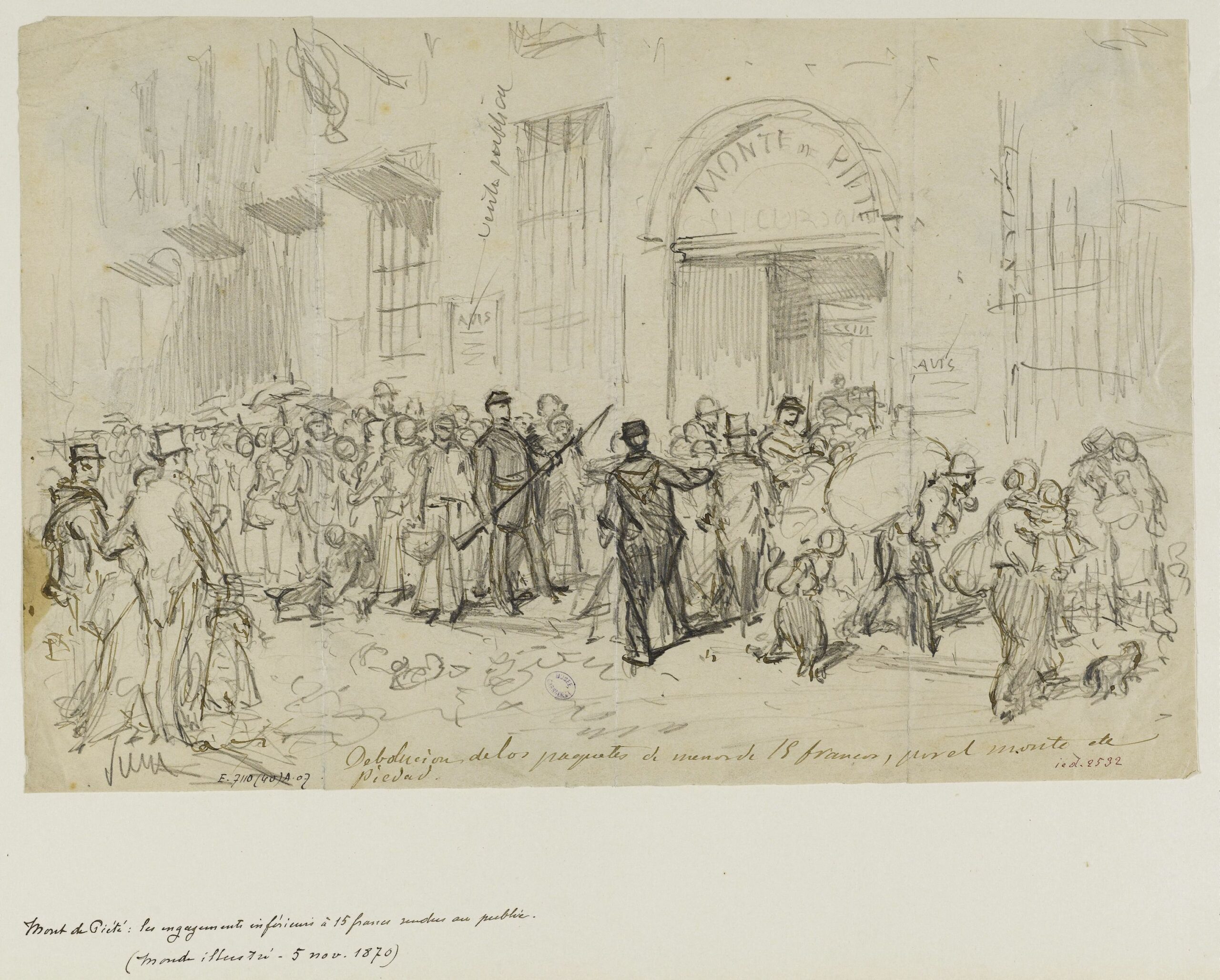 Vierge (Daniel Urrabieta Ortiz y Vierge, dit, 1851-1904). "Mont de piété : les engagements inférieurs à 15 francs rendus au public (novembre 1870)". Mine de plomb. Paris, musée Carnavalet.