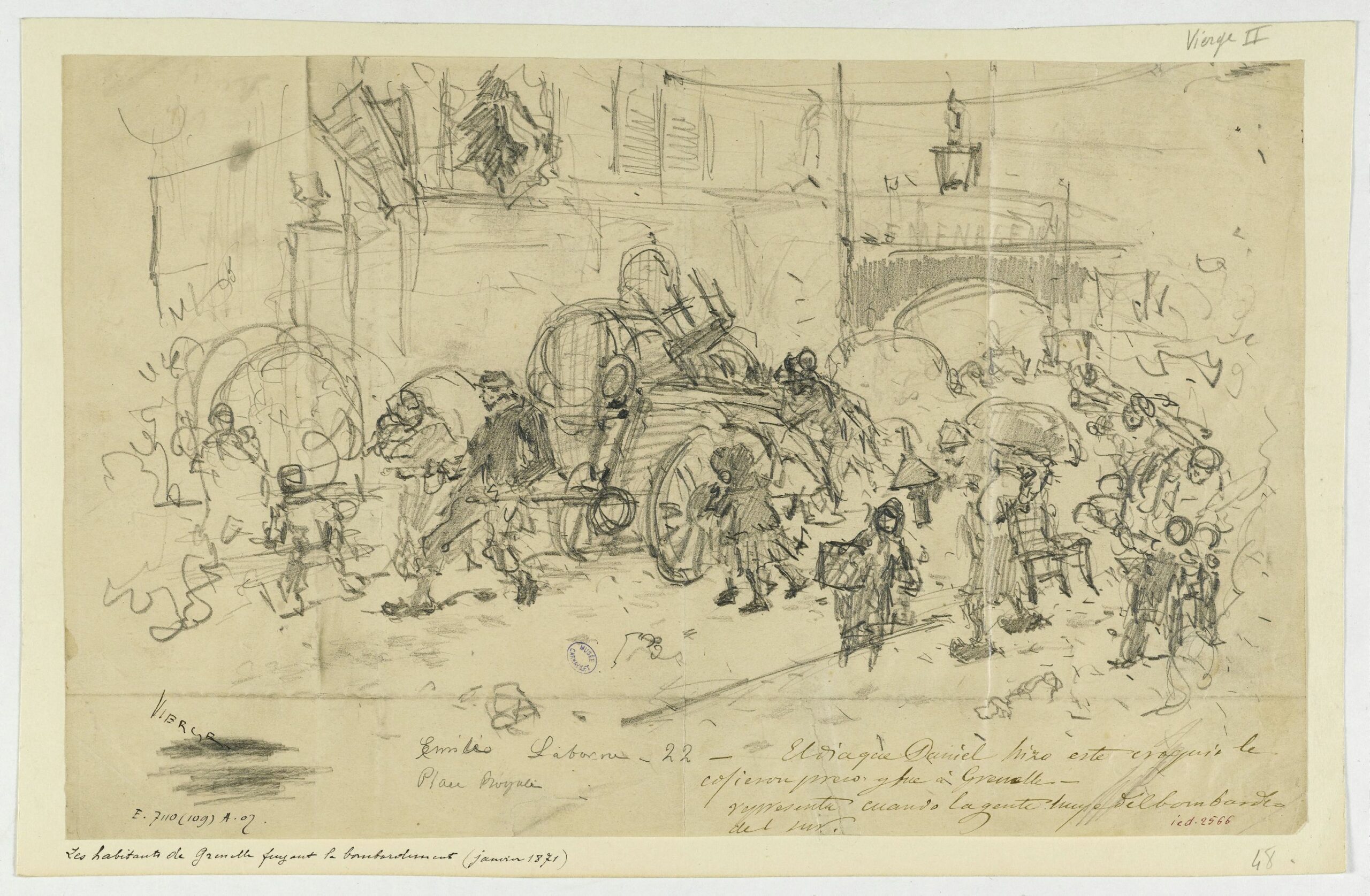 Vierge (Daniel Urrabieta Ortiz y Vierge, dit, 1851-1904). "Les habitants de Grenelle fuyant le bombardement (janvier 1871)". Mine de plomb. Paris, musée Carnavalet.