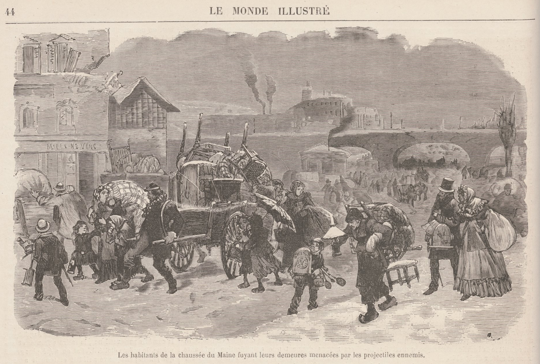 Daniel Vierge. Fuite des habitants de la chaussée du Maine. Le Monde illustré. 21 janvier 1871