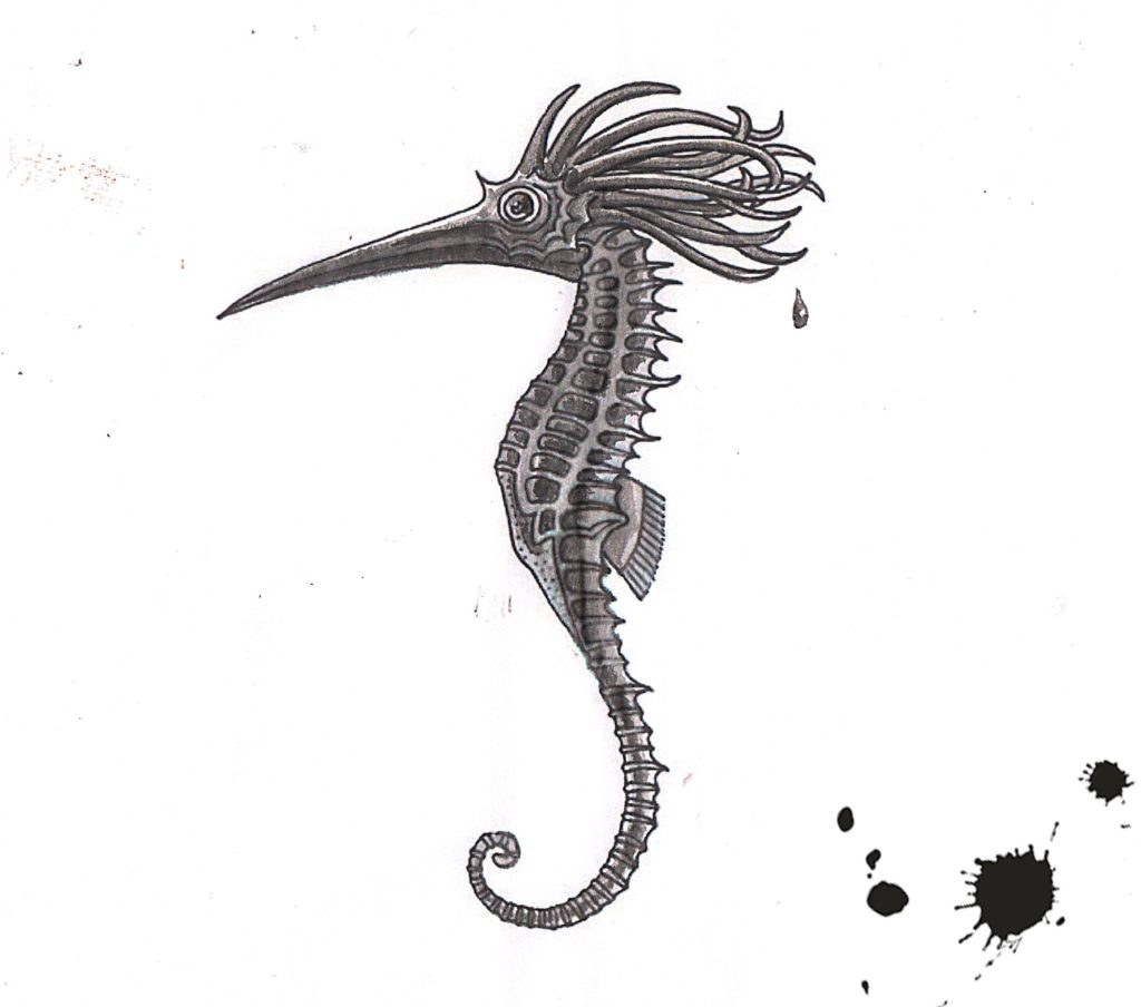 L’hippocampe resplendissant vu par Pierre Cornuel, sur un dessin original de Philippe Mignon