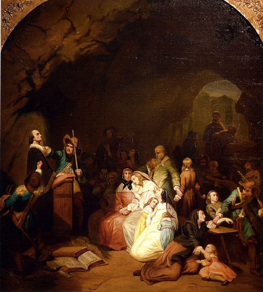 “L’assemblée surprise”, toile de Karl Girardet (1842) © Musée du Désert, Mialet. “Sur les traces des Camisards”, une chronique de Thomas Gayrard dans délibéré