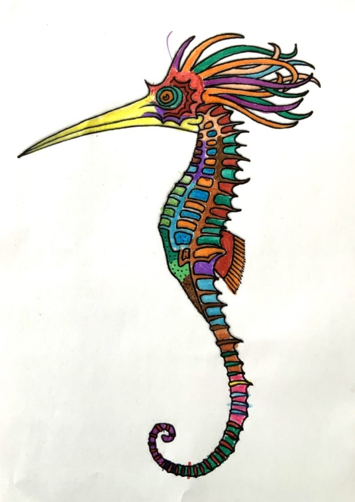 L’hippocampe resplendissant colorié par Manuel, sur un dessin original de Philippe Mignon