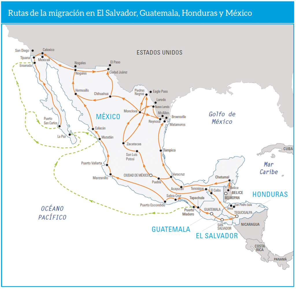 Les routes de migration vers les États-Unis, carte issue du dossier "Child Alert" (2018) de l'UNICEF