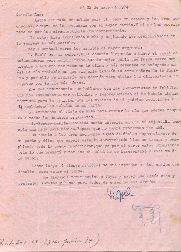 Lettre de Roque Dalton à Aída Cañas du 22 mai 1974 ©Archives de la famille Dalton - Carta de Roque a Aída del 22 de mayo de 1974 ©Archivo Familia Dalton