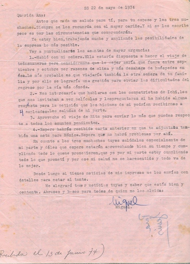 Lettre de Roque Dalton à Aída Cañas datée du 22 mai 1974 © Archives de la famille Dalton