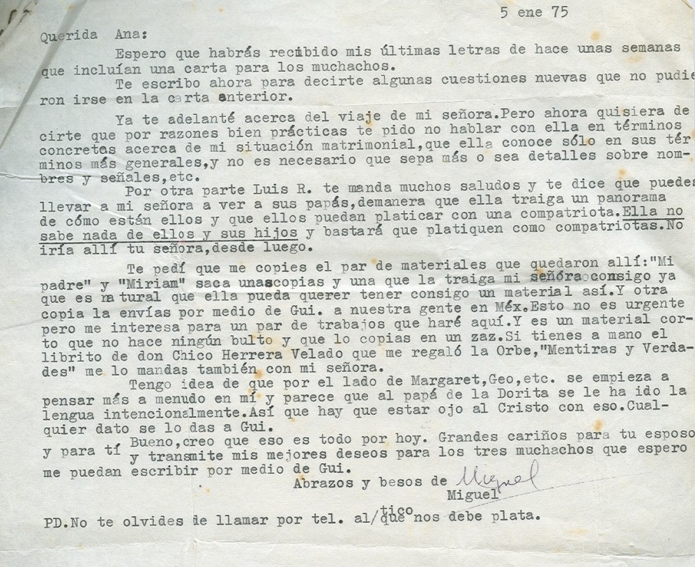 Lettre de Roque Dalton à Aída Cañas du 5 janvier 1975 ©Archives de la famille Dalton