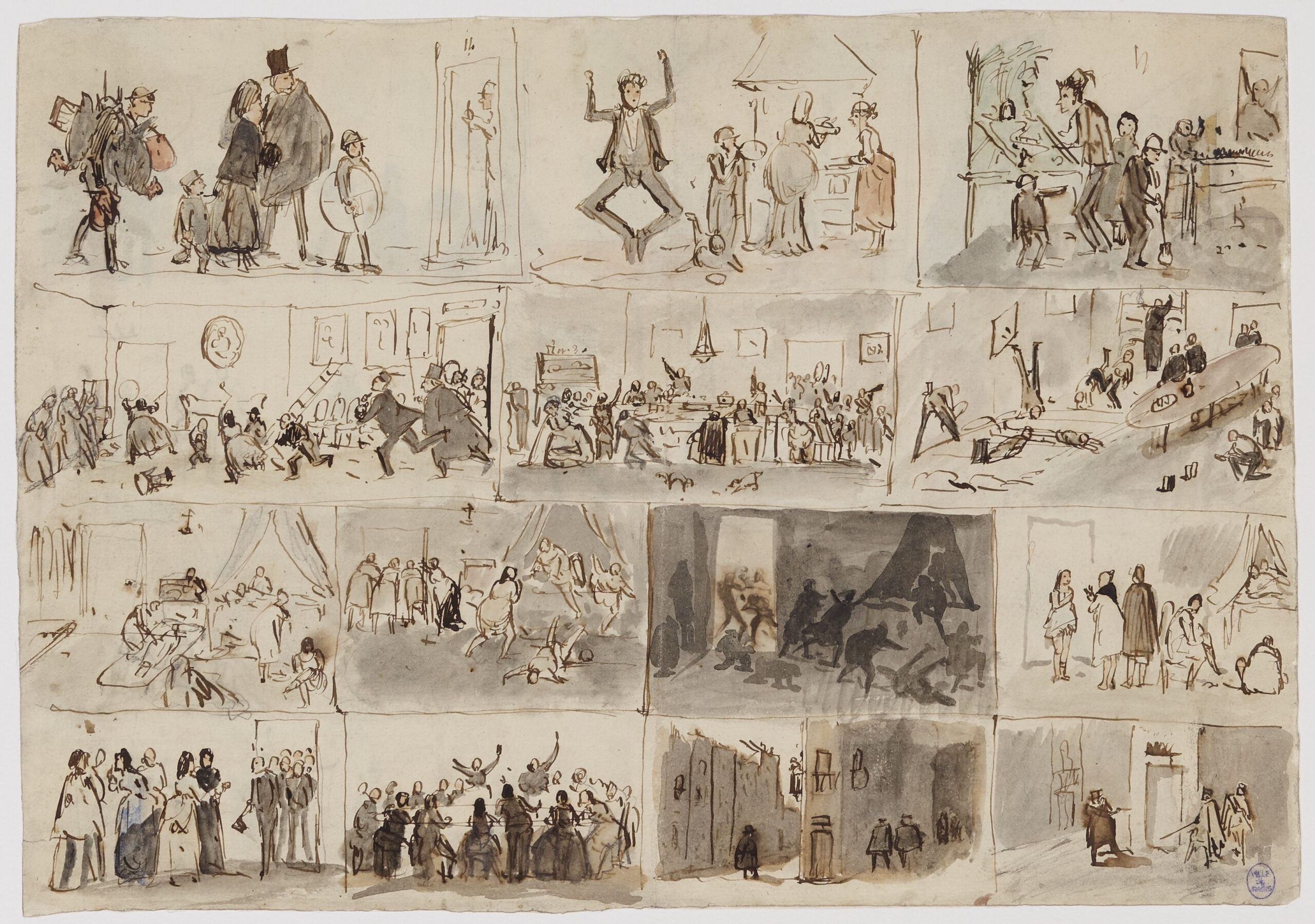 Daniel Vierge. Croquis d'enfance (1869). Plume, encre brune, lavis d'encre et aquarelle