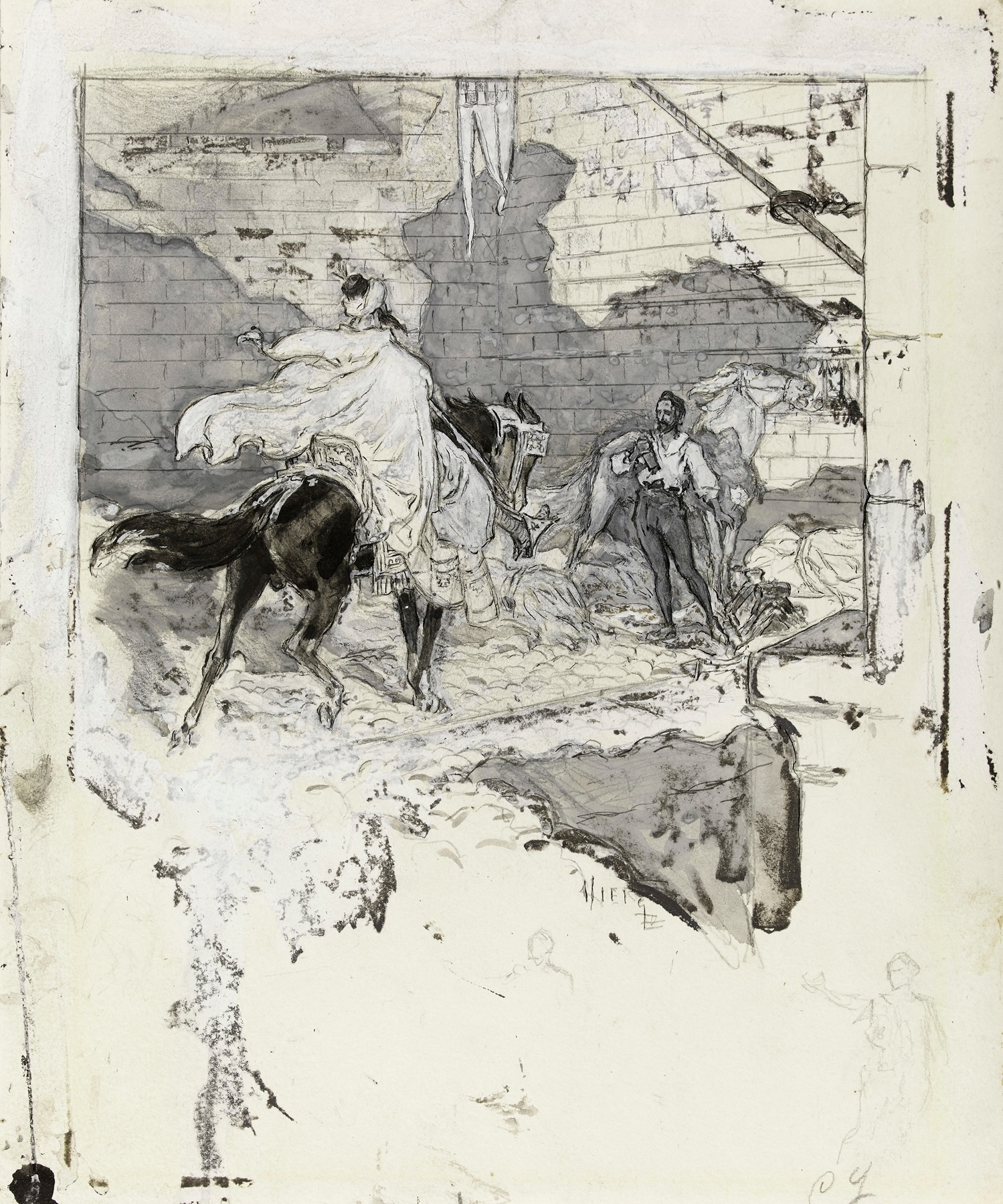 Daniel Vierge. Esquisse pour le Dernier abencérage. Encre et gouache
