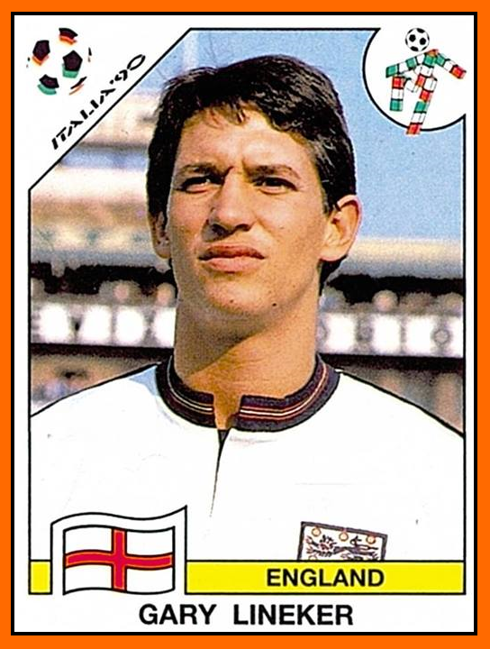 Gary Lineker sous les couleurs de l'équipe d'Angleterre de football - Image Panini à collectionner parue à l'occasion de la coupe du monde 1990 en Italie
