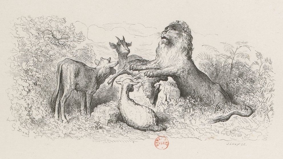 Gustave Doré - La Génisse, la chèvre et la brebis en société avec le lion - "Zoologie", une chronique de l'année 2017 par Edouard Launet dans délibéré