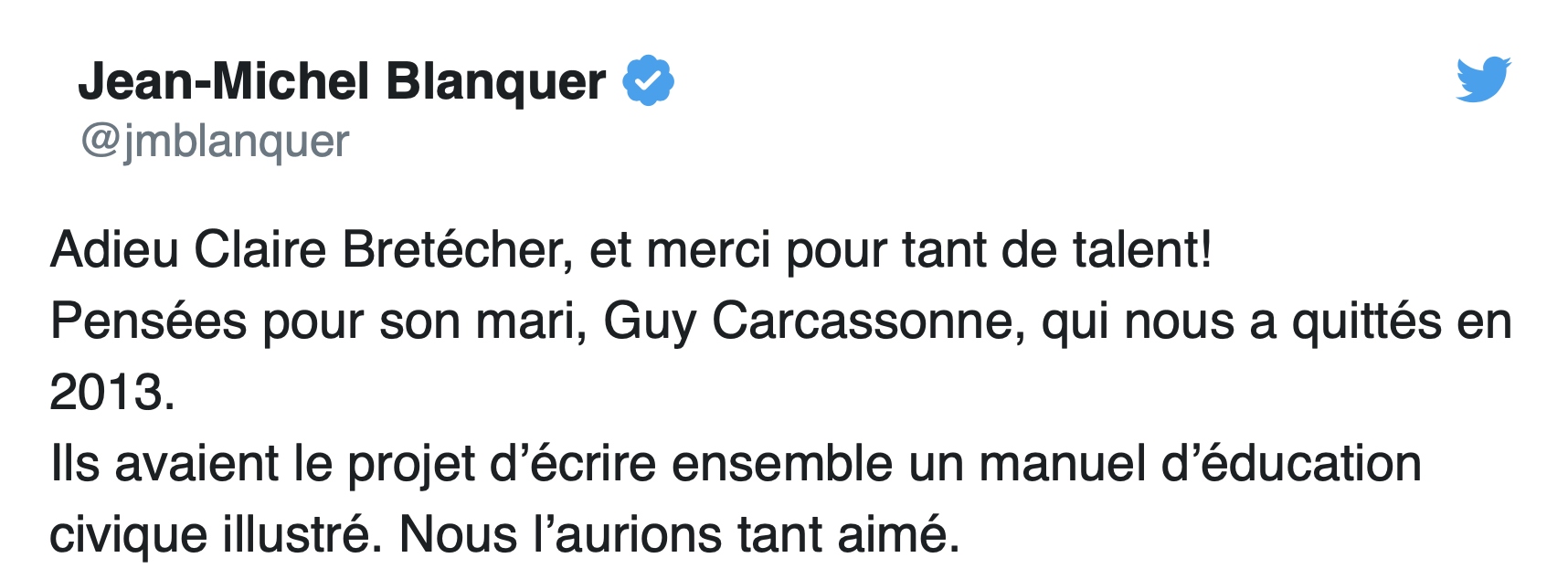 Le tweet de Jean-Michel Blanquer en “hommage” à Claire Bretécher