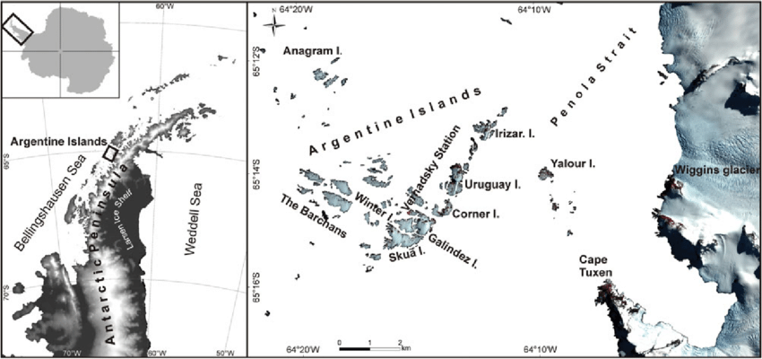 L’archipel des îles Argentine avec l’île Galindez le long de la côte Ouest de la péninsule Antarctique.