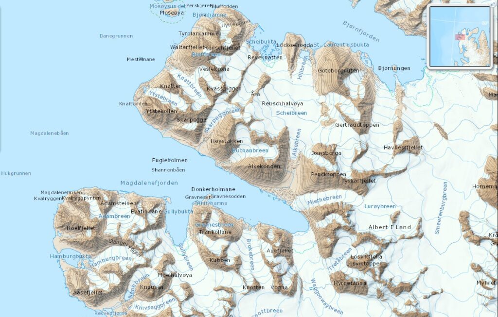 Carte du Magdalenefjorden (Baie de la Madeleine) sur la côte nord-ouest du Spitzberg. Norsk polarinstitutt