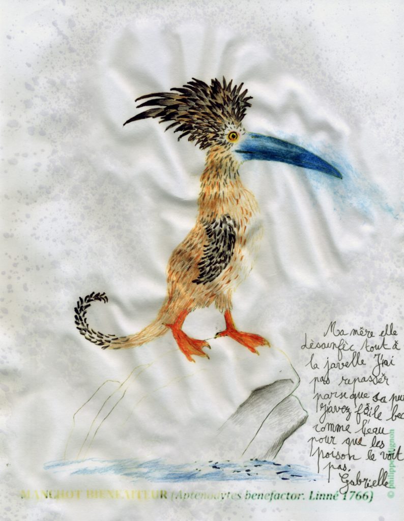 Manchot bienfaiteur colorié par Gabrielle sur un dessin original de Philippe Mignon