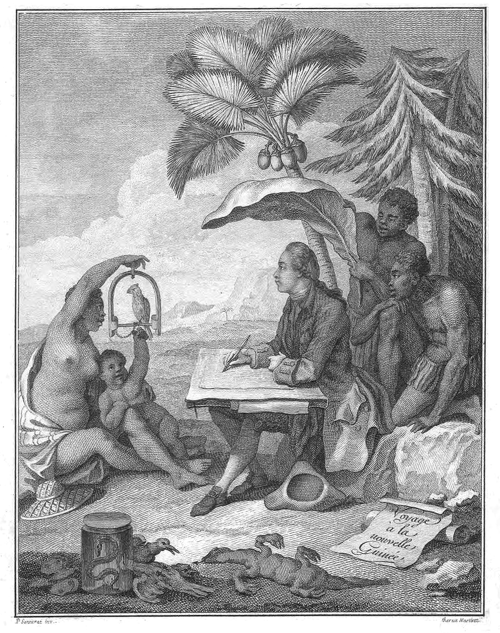 Mise en abime : Pierre Sonnerat se dessinant dessinant un oiseau que lui présente une indigène in Voyage à la Nouvelle Guinée