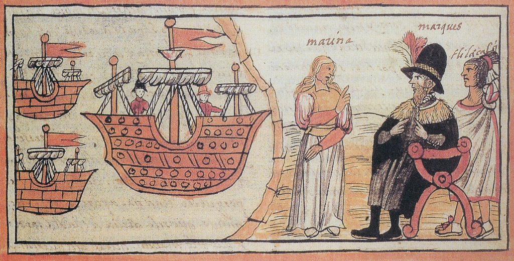 Primer encuentro de Malinalli con Hernán Cortés. Códice de Diego Durán. Siglo XVI. Biblioteca Nacional, Madrid.