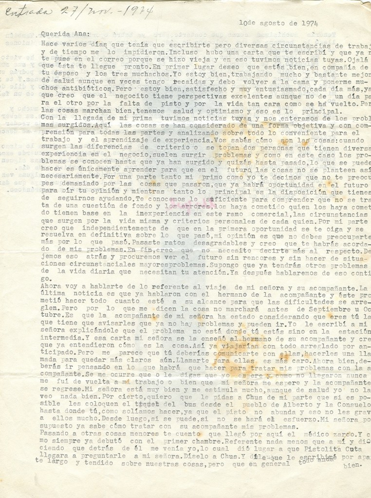 Première page de la lettre de Roque à Aida, datée du 10 août 1974 ©Archives de la famille Dalton - Primera página de la carta de Roque a Aída del 10 de agosto de 1974 ©Archivo Familia Dalton