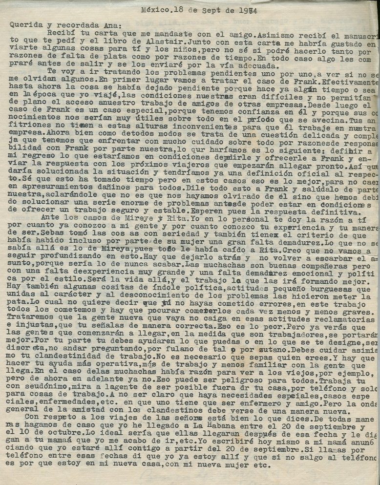 Première page de la lettre de Roque à Aída du 18 septembre 1974 ©Archives de la famille Dalton - Primera página de la carta de Roque a Aída del 18 de septiembre de 1974 ©Archivo Familia Dalton