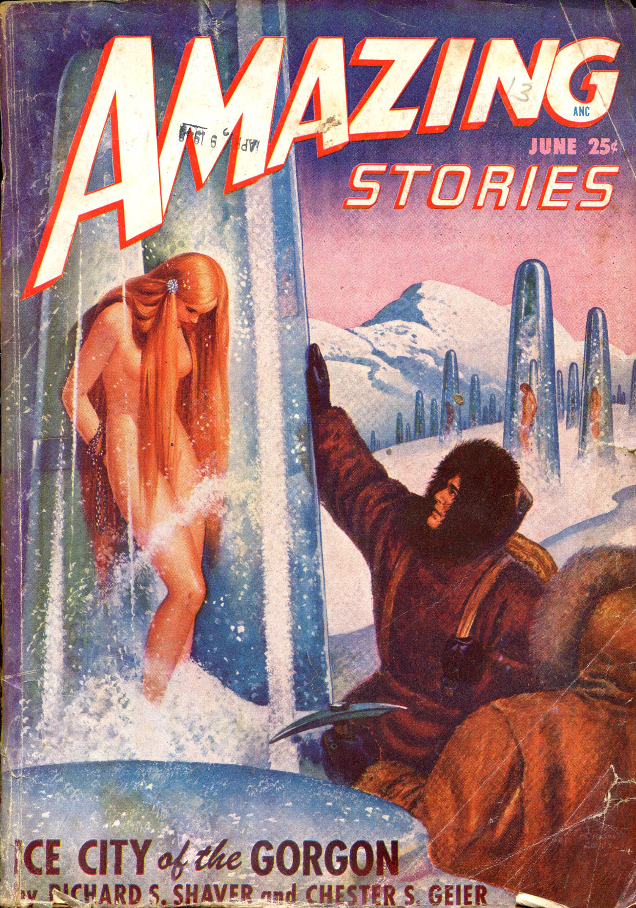 Tout en restant dans un contexte polaire, une autre illustration de R.G. Jones présentant des demoiselles en péril, voire sacrifiées. Du classique quoi ! Pour la couverture du numéro de juin 1948 du pulp Amazing Stories.