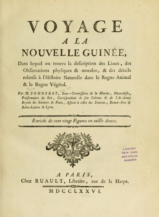 Page de titre du Voyage à la Nouvelle Guinée de Sonnerat, 1776